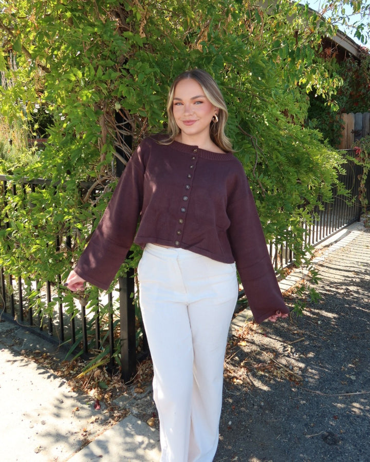 Deacon Crewneck Button Down Cardigan - Brown