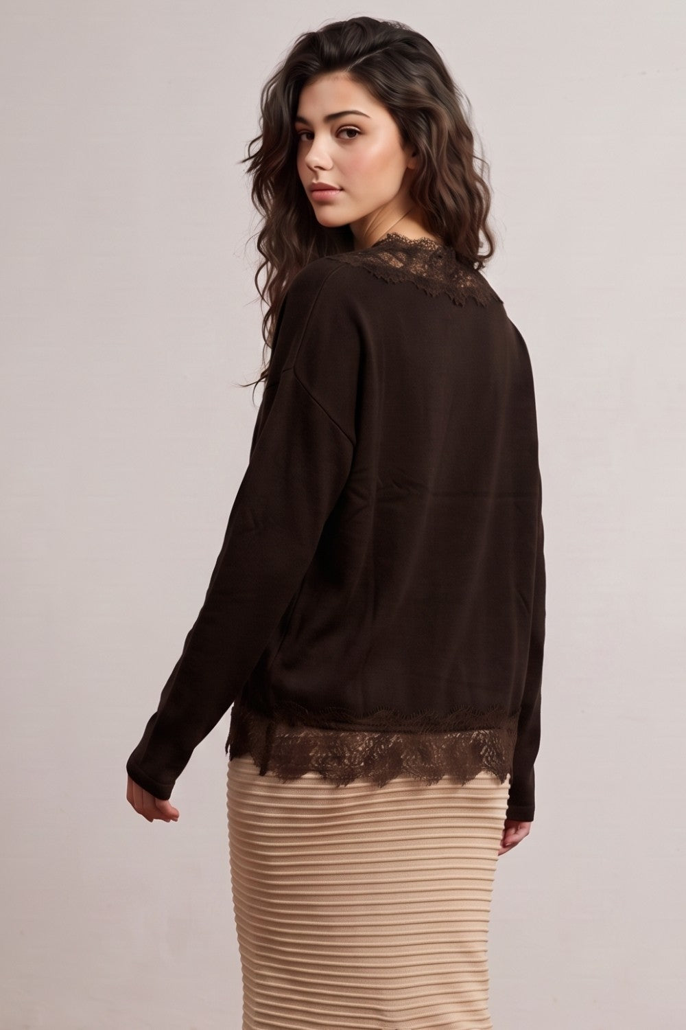 Edit By Nine - Lace Edge Long Sleeve V Neck Sweater Top - Brown