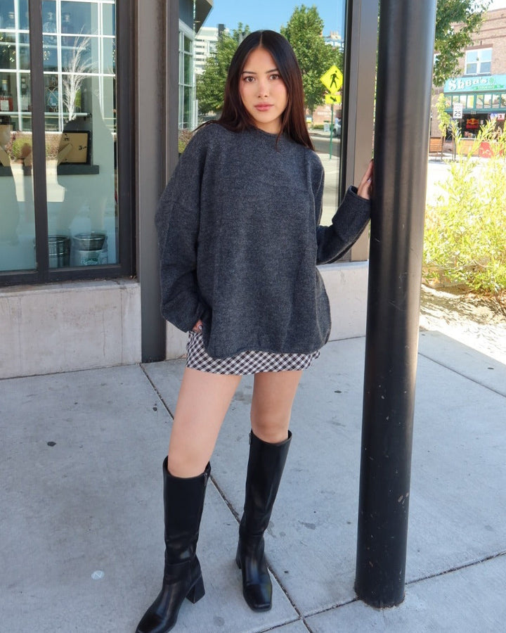 Heather Checkered Knit Pullover Sweater - Charcoal
