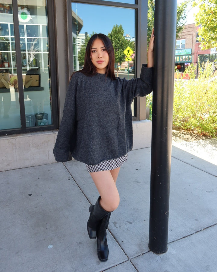 Heather Checkered Knit Pullover Sweater - Charcoal