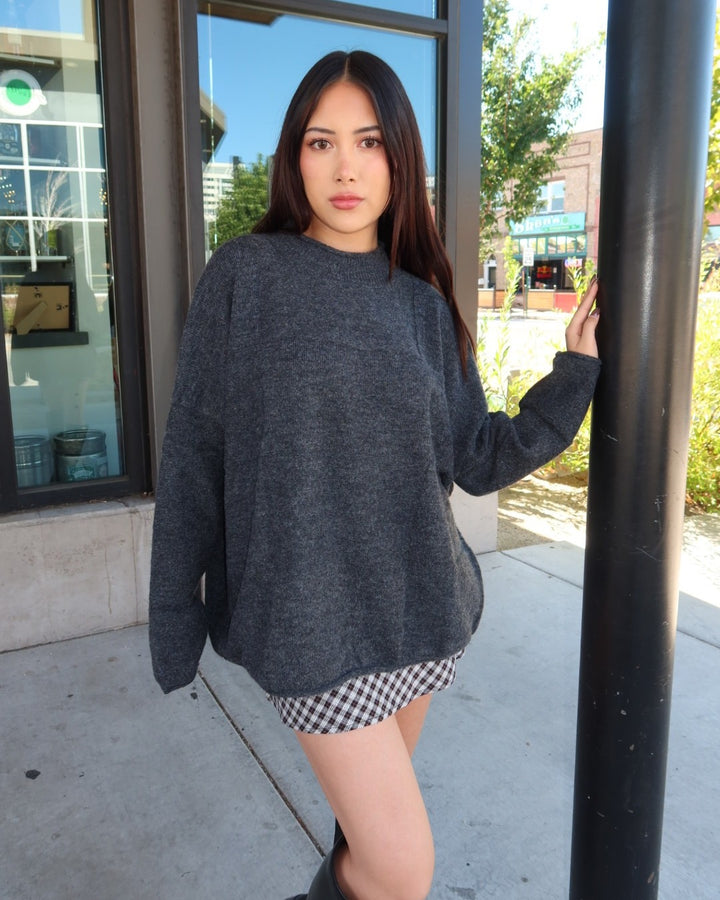Heather Checkered Knit Pullover Sweater - Charcoal