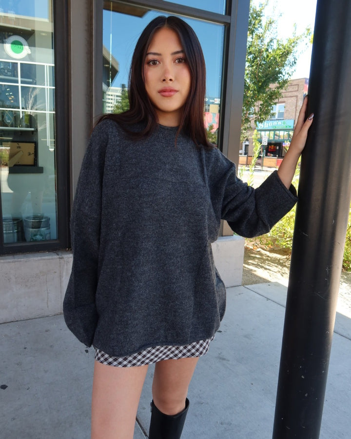 Heather Checkered Knit Pullover Sweater - Charcoal