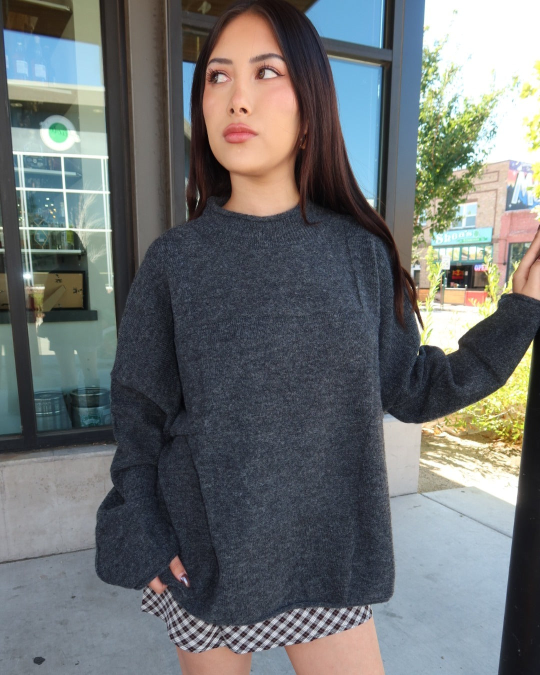 Heather Checkered Knit Pullover Sweater - Charcoal