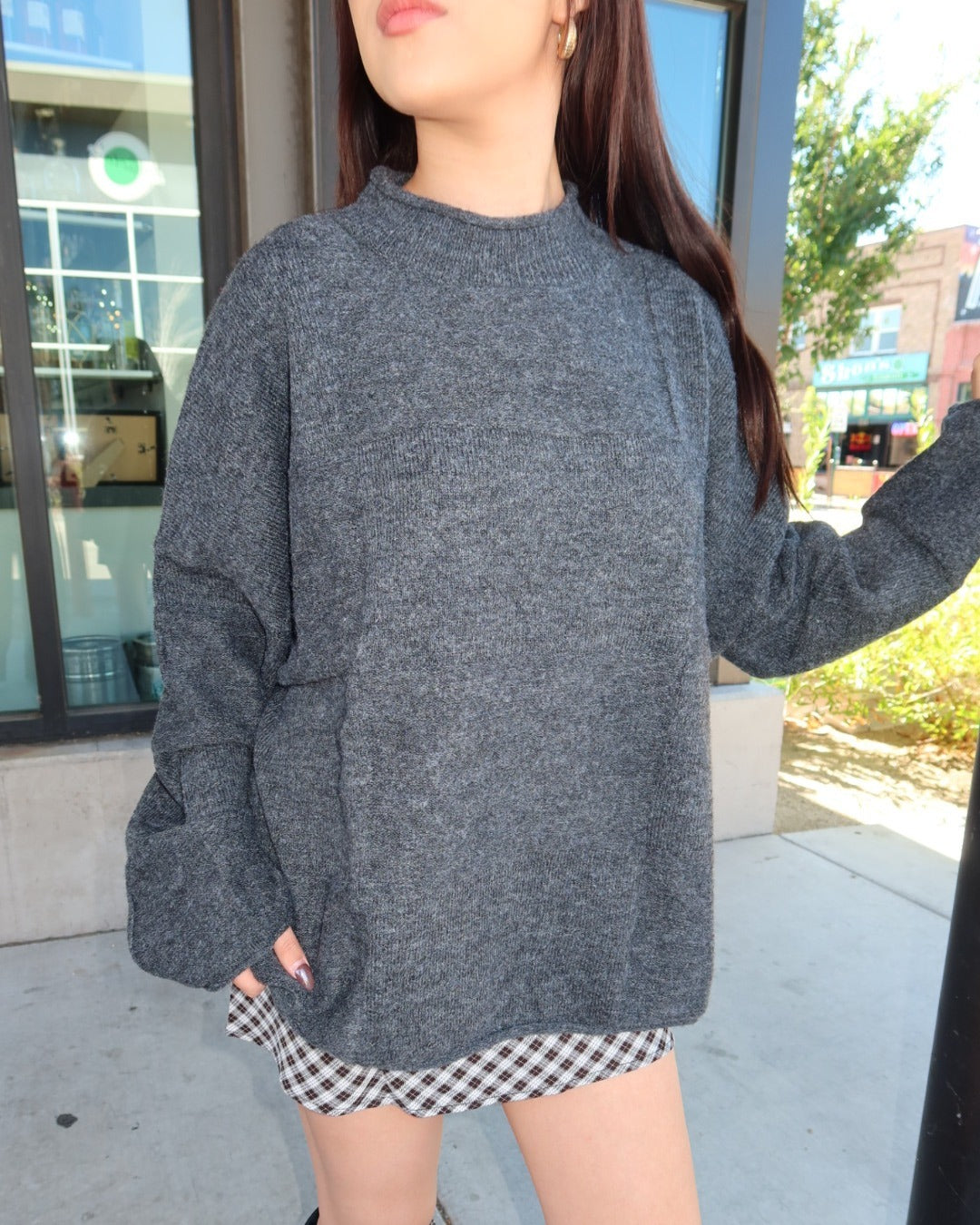Heather Checkered Knit Pullover Sweater - Charcoal
