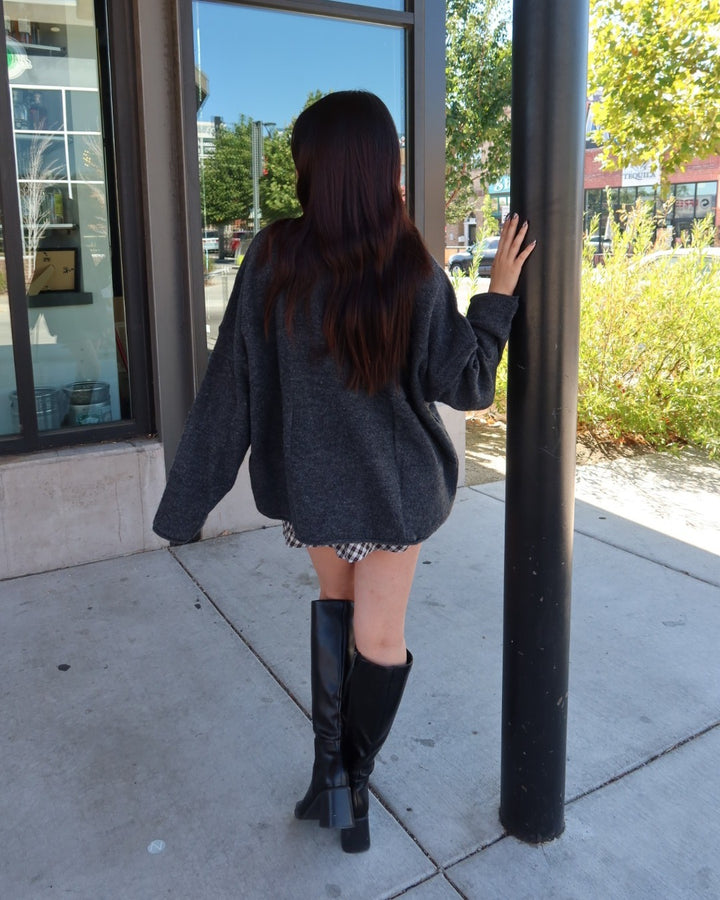 Heather Checkered Knit Pullover Sweater - Charcoal