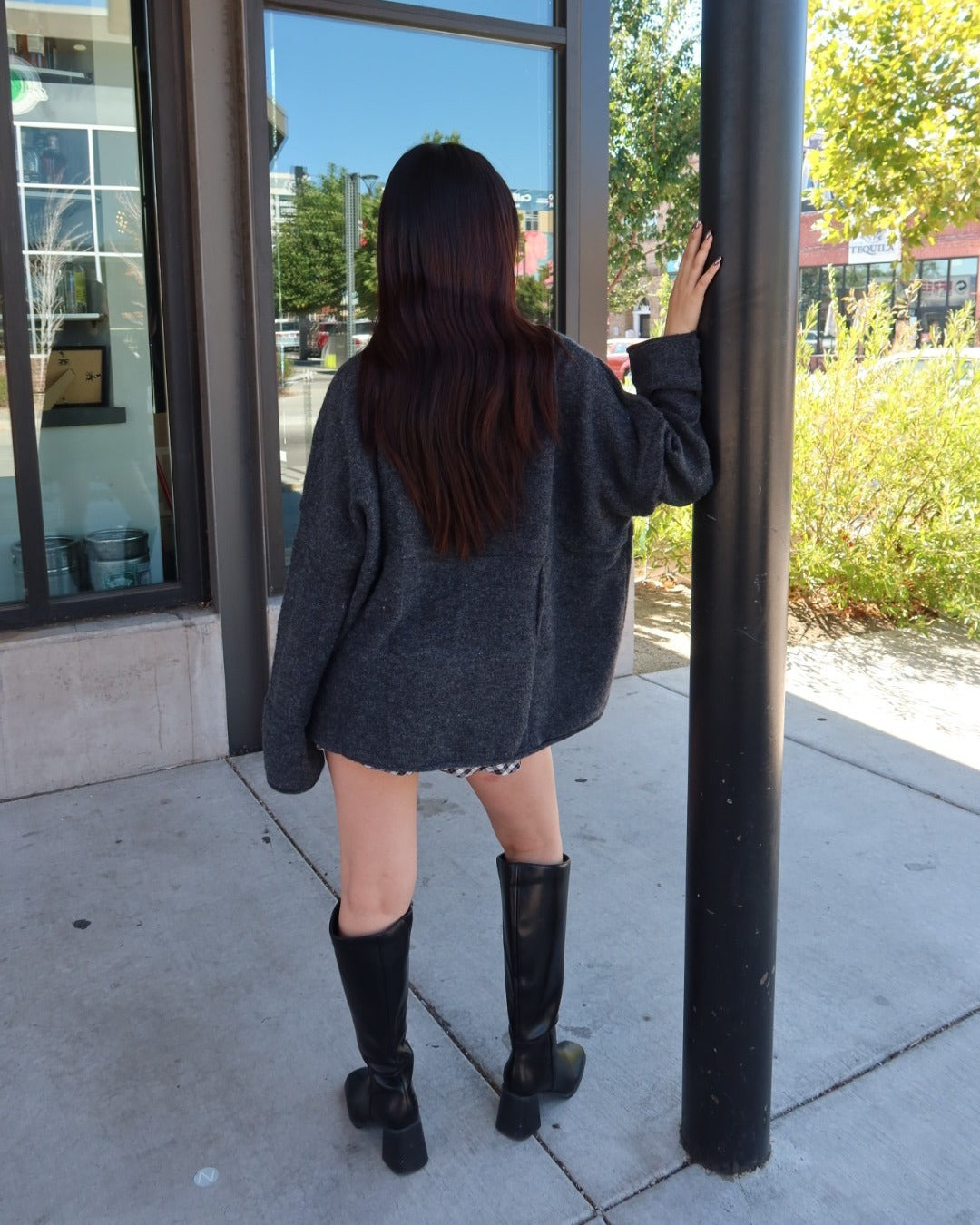 Heather Checkered Knit Pullover Sweater - Charcoal