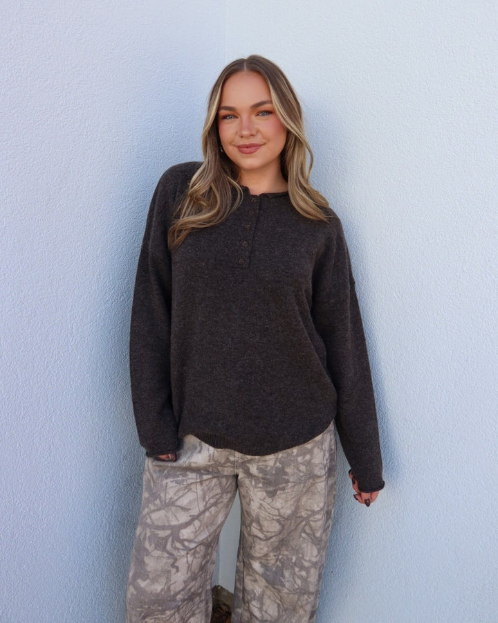 Henley Relaxed Pullover Sweater - Deep Brown