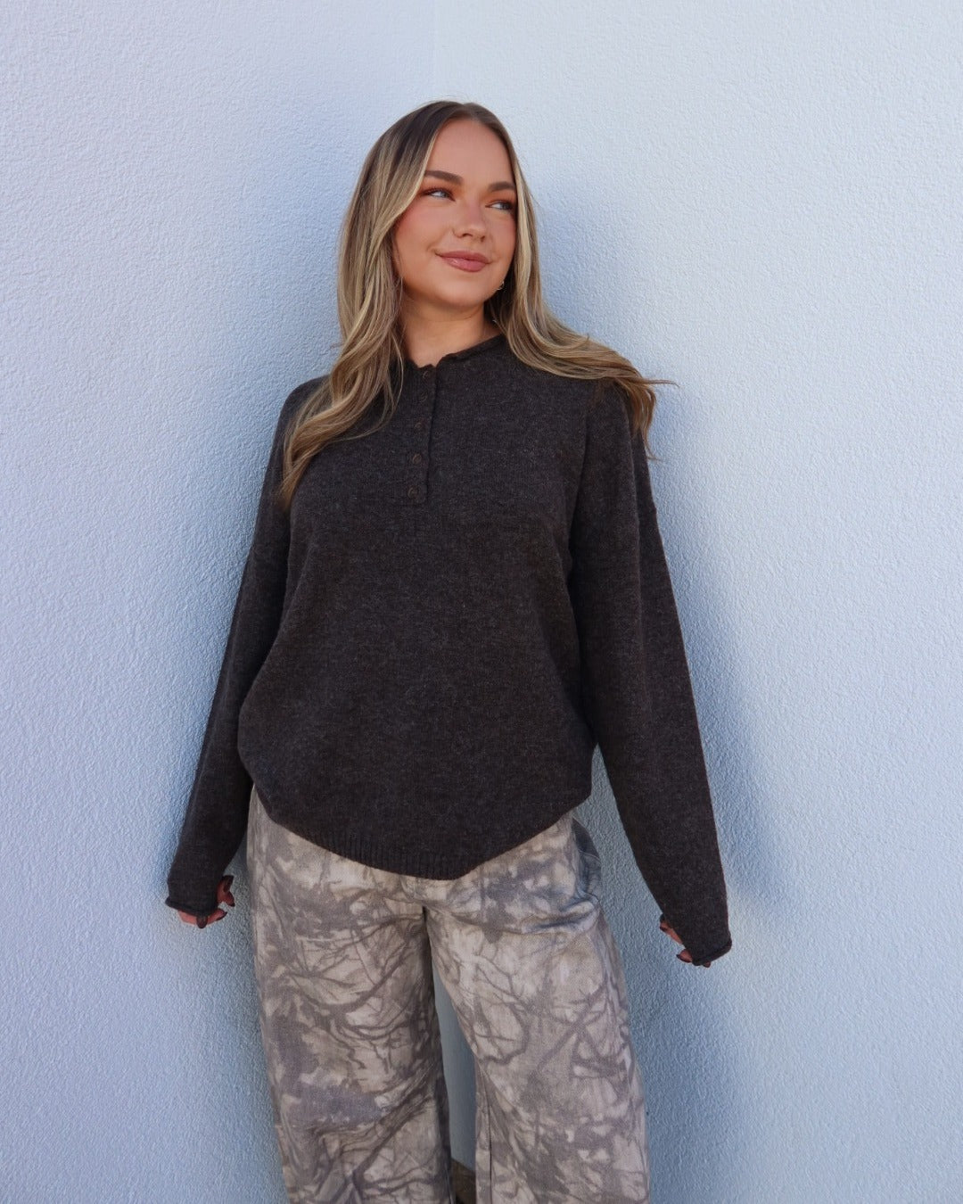 Henley Relaxed Pullover Sweater - Deep Brown