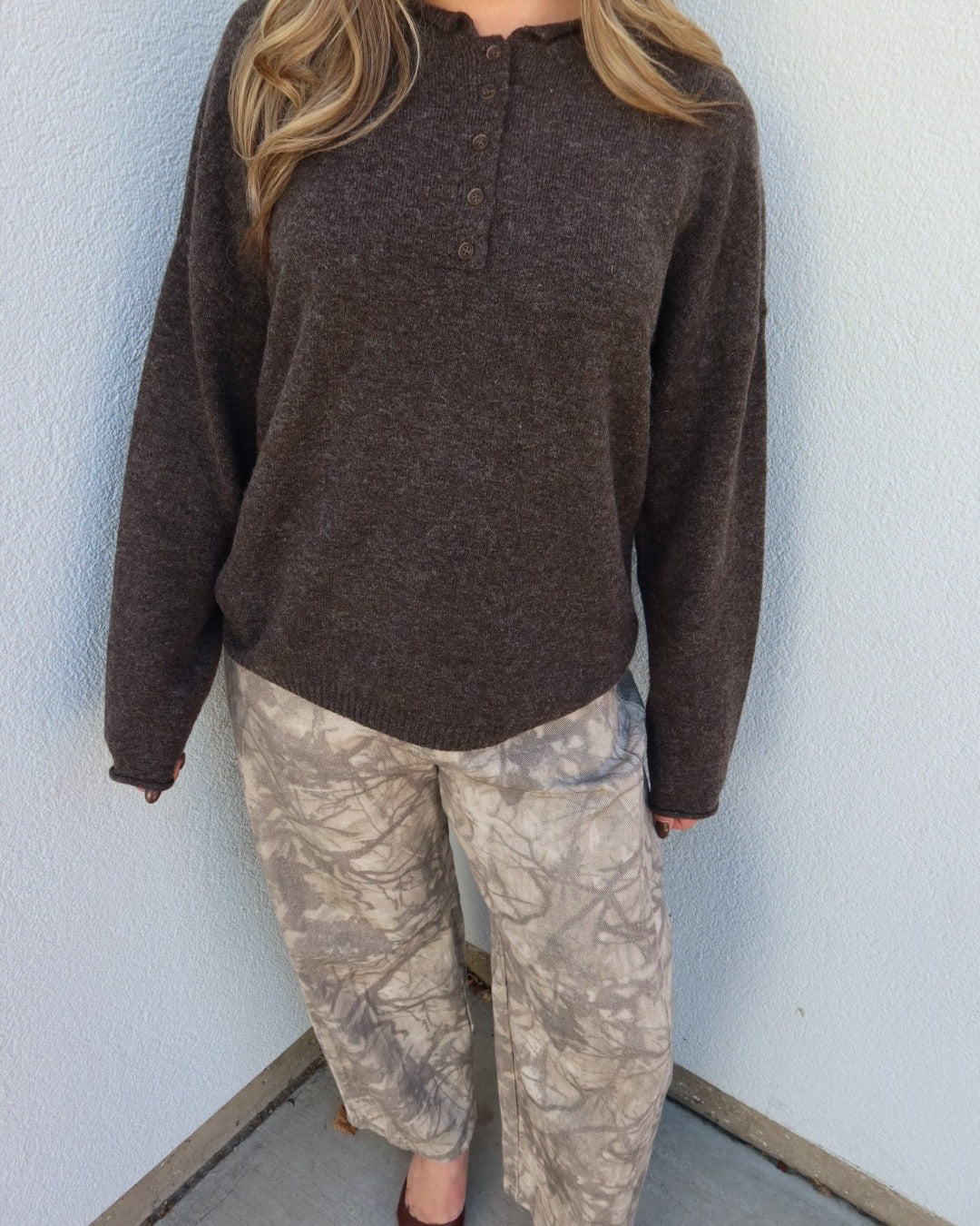 Henley Relaxed Pullover Sweater - Deep Brown