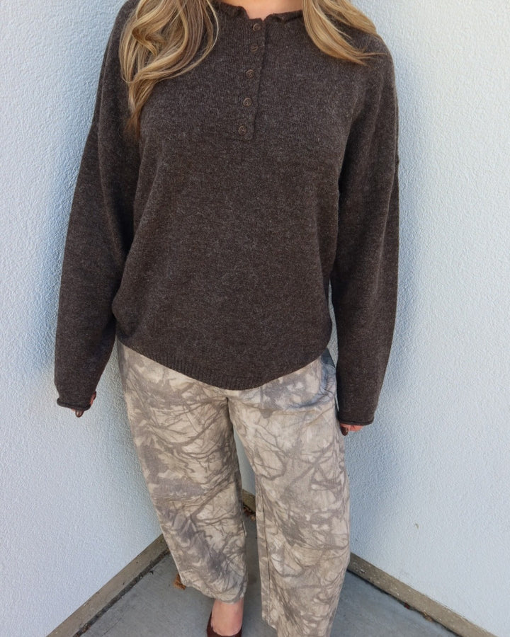 Henley Relaxed Pullover Sweater - Deep Brown