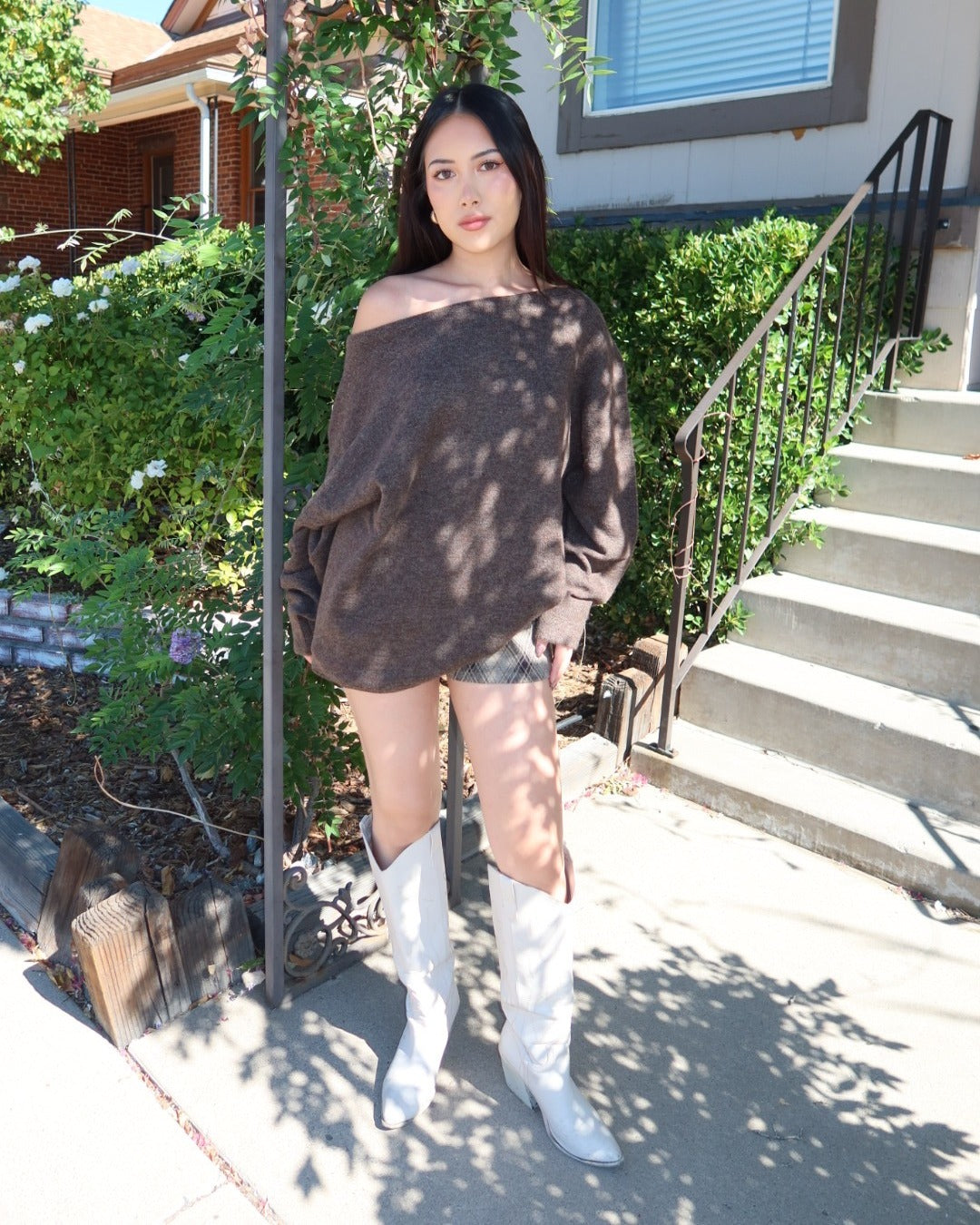 Madelon Boat Neck Oversized Sweater - Brown
